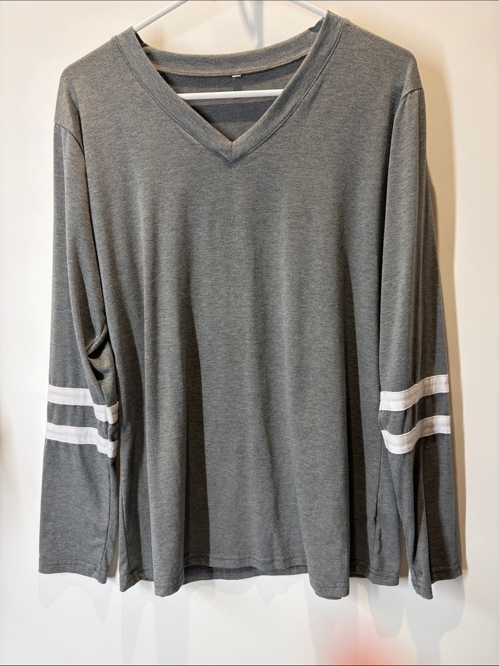 Amazon Gray Long Sleeve V‑Neck Tee with White Sleeve Stripes